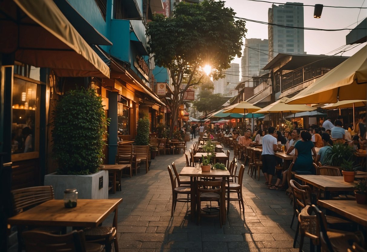 A bustling street lined with diverse restaurants and vibrant outdoor dining areas in Poblacion, offering a variety of signature dining experiences