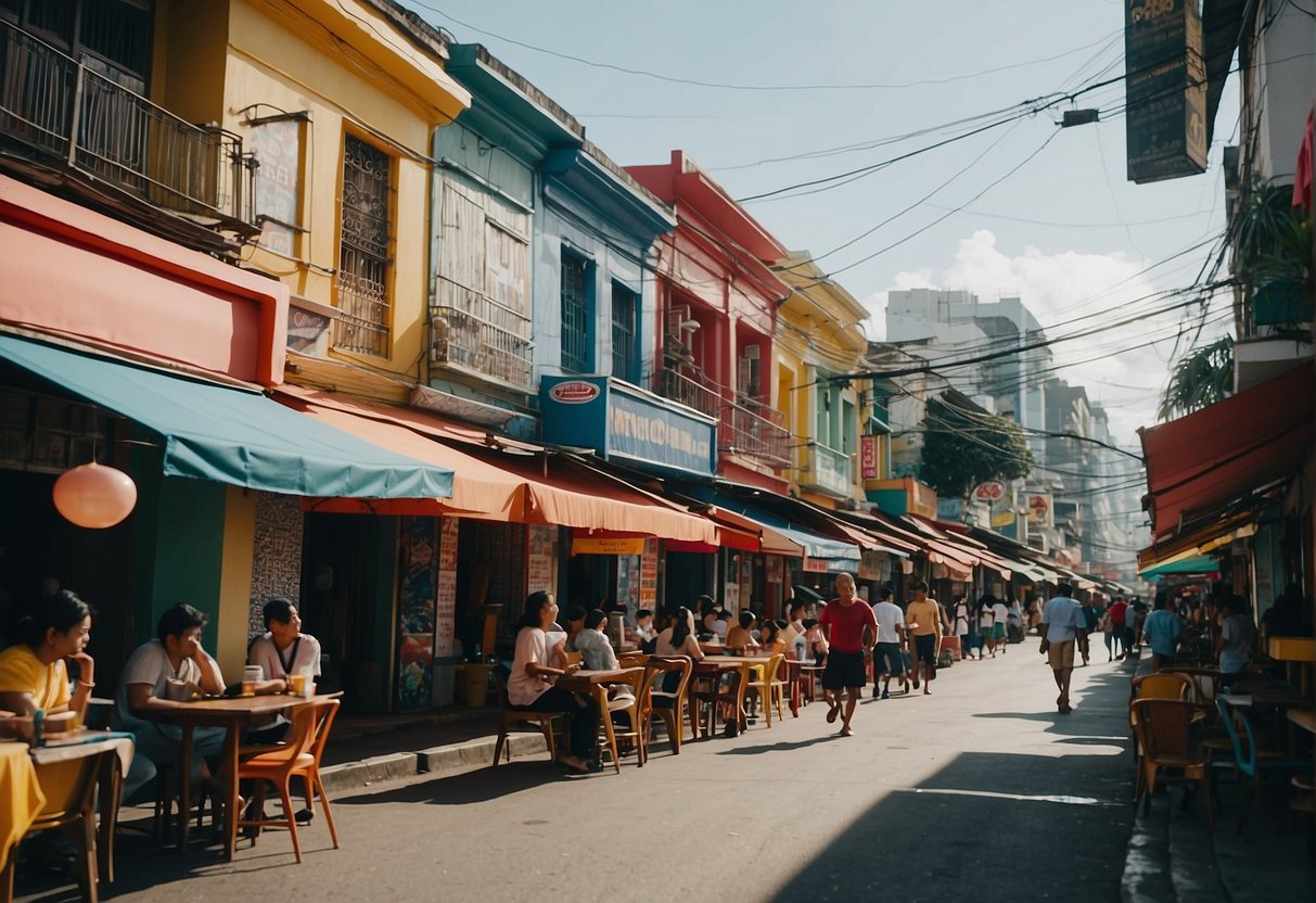 A bustling street lined with colorful buildings, lively music, and bustling eateries showcasing Poblacion's rich culture and history