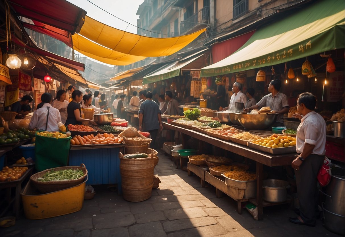 Colorful street with bustling food stalls, vibrant murals, and lively music. A mix of modern and traditional eateries line the narrow alleys, offering a diverse range of cuisines