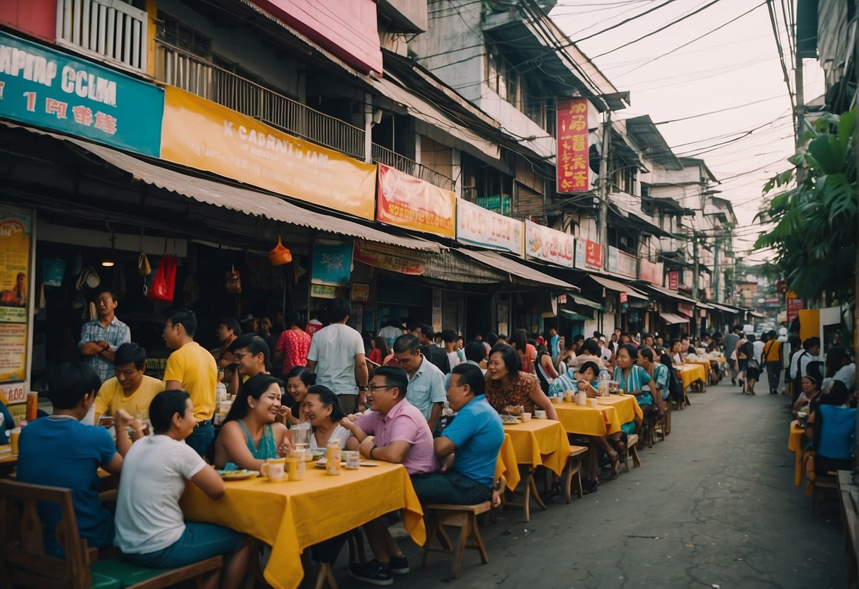 A bustling street in Poblacion, filled with vibrant restaurants and lively events. The scene is alive with colorful signs and people enjoying their meals and entertainment