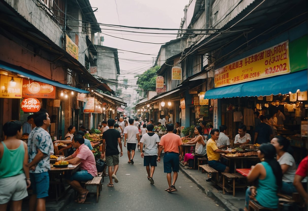 A bustling street in Poblacion, with colorful signboards of various eateries lining the road, while people walk by and chat