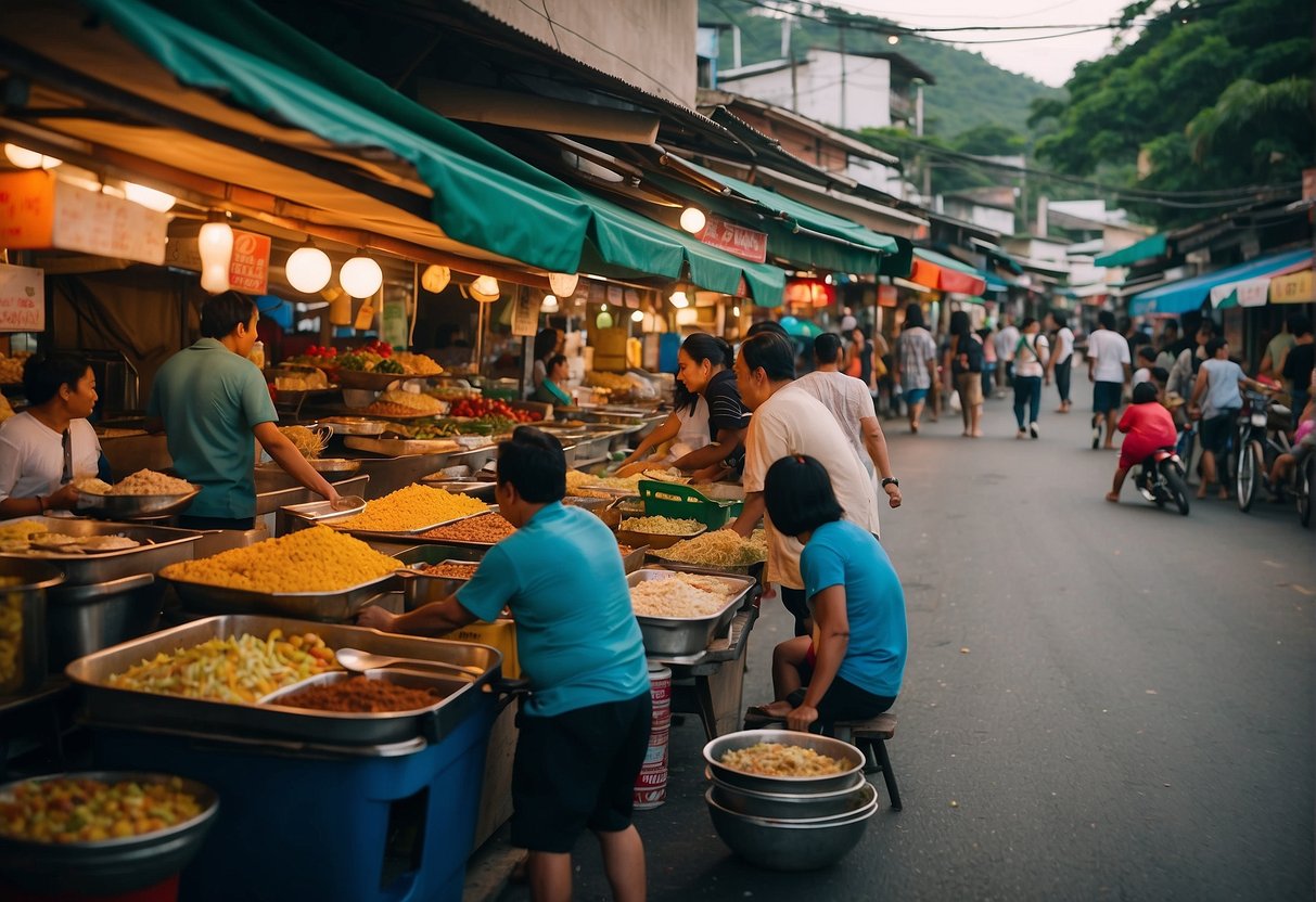 A bustling street in Nasugbu, Batangas, lined with colorful food stalls and bustling with locals and tourists enjoying a variety of delicious Filipino dishes