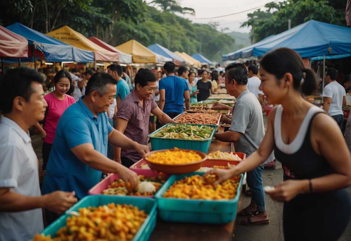 People enjoying local cuisine at a lively outdoor market in Nasugbu, Batangas. Colorful food stalls line the street, offering a variety of affordable dishes