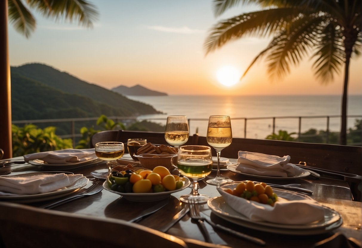 A table set with a meal overlooking a picturesque beach in Nasugbu, Batangas. The sun is setting, casting a warm glow over the scene