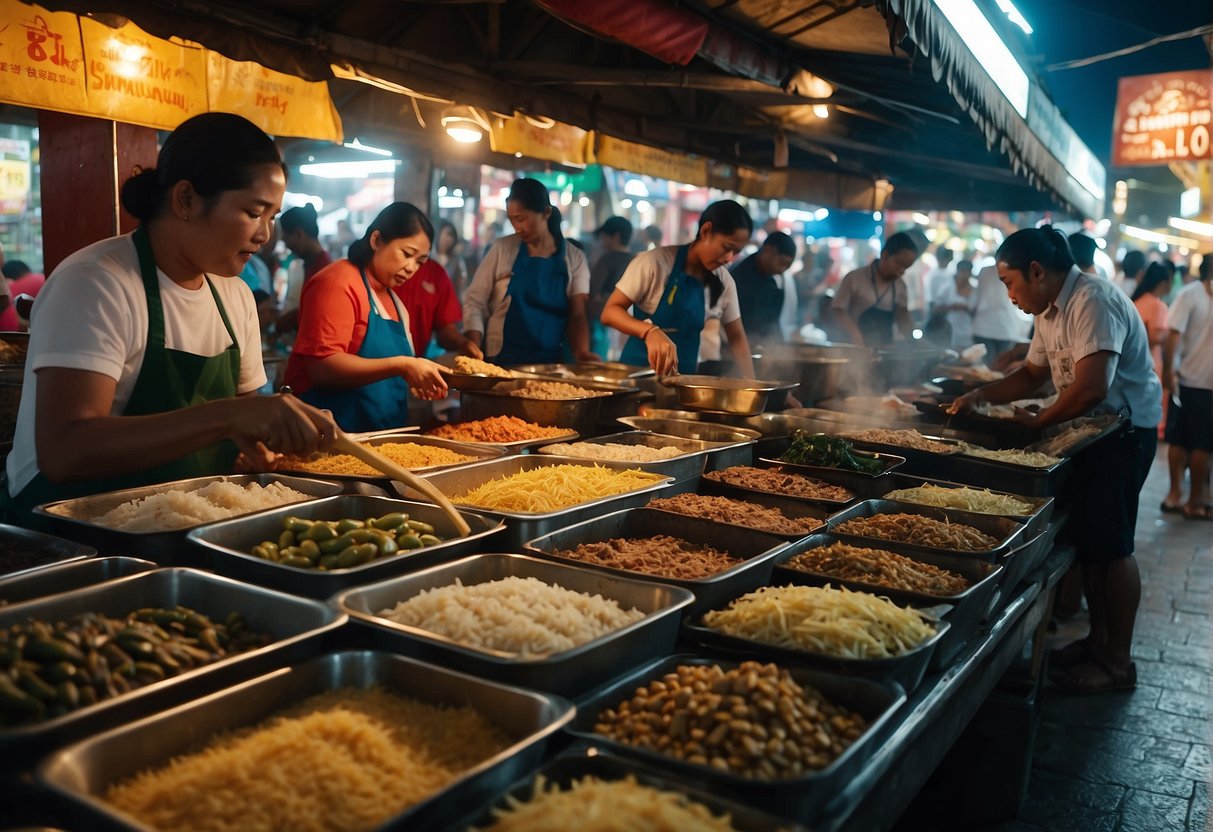 A bustling street market in Nasugbu, Batangas, showcases a variety of local culinary delights, from steaming hot bowls of bulalo to freshly grilled seafood. The aroma of sizzling meats and spices fills the air as vendors entice pass