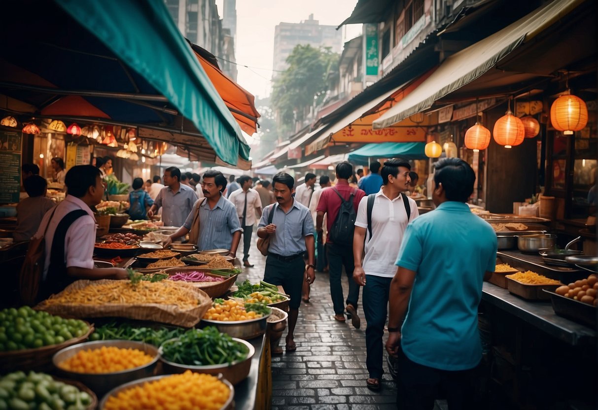 A bustling street lined with colorful food stalls and open-air restaurants offering a variety of cuisines from around the world
