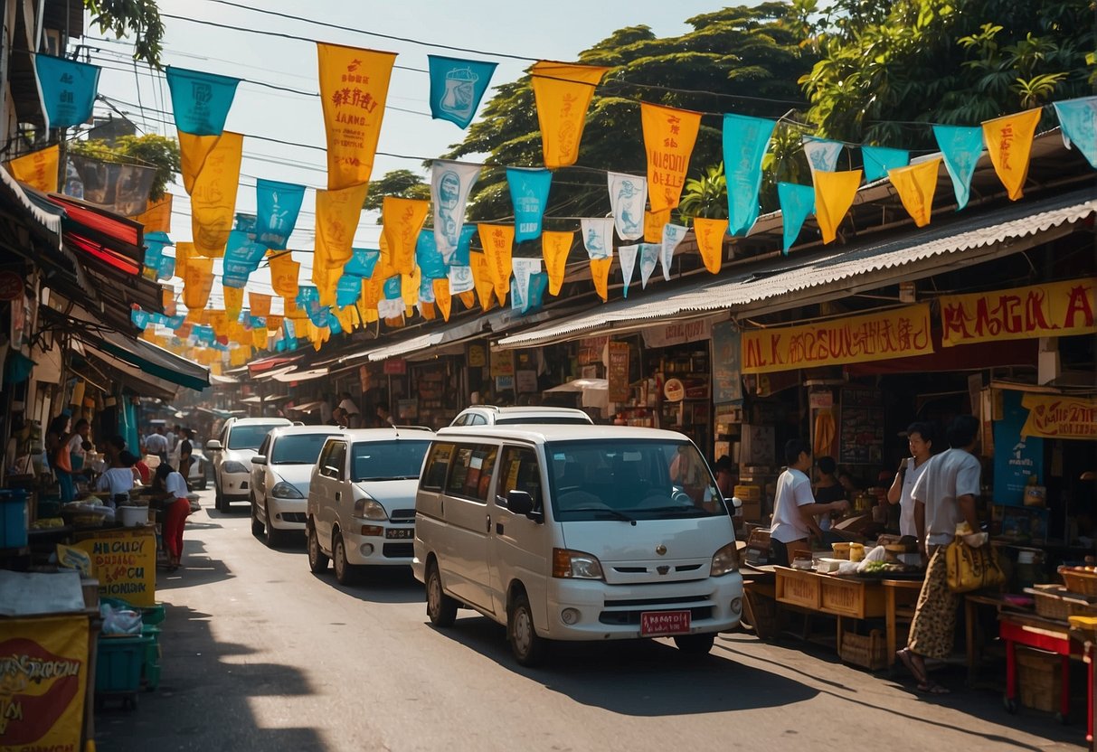 A bustling street in Nasugbu, Batangas, with colorful signs and banners advertising various dining options, from local eateries to international cuisine
