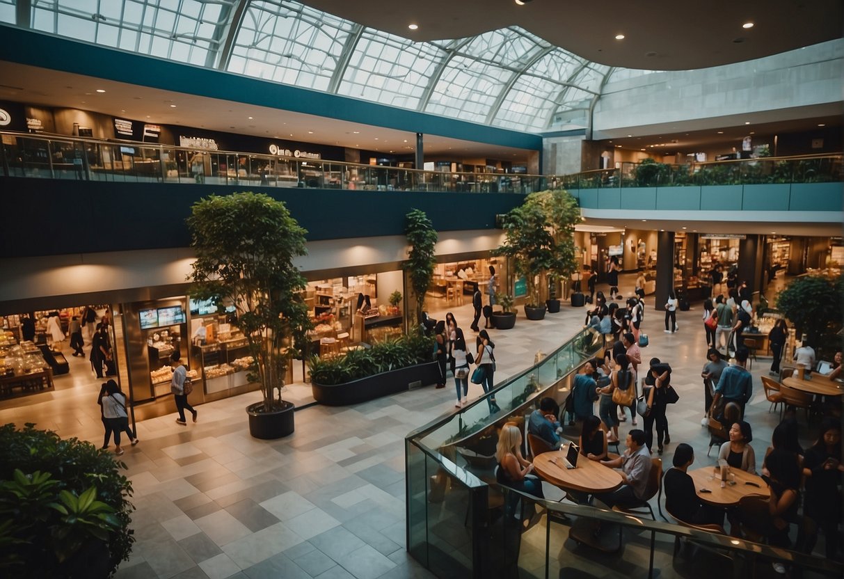 People enjoying shopping, dining, and watching movies at Robinsons Magnolia. Stores, restaurants, and a cinema create a lively atmosphere