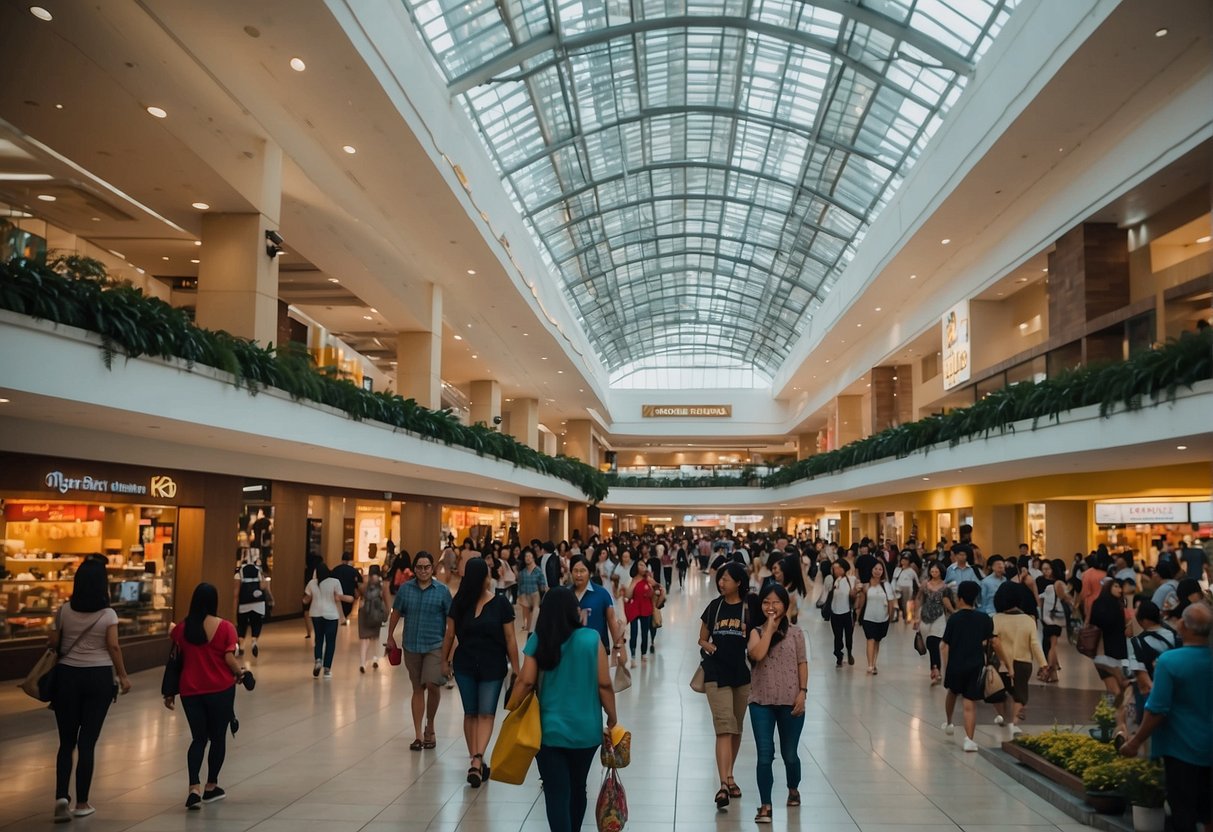 People walking, shopping, and dining in the bustling Robinsons Magnolia mall. Bright lights, colorful displays, and a lively atmosphere