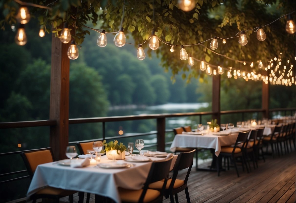 A cozy outdoor restaurant with string lights and elegant table settings, surrounded by lush greenery and overlooking a serene river
