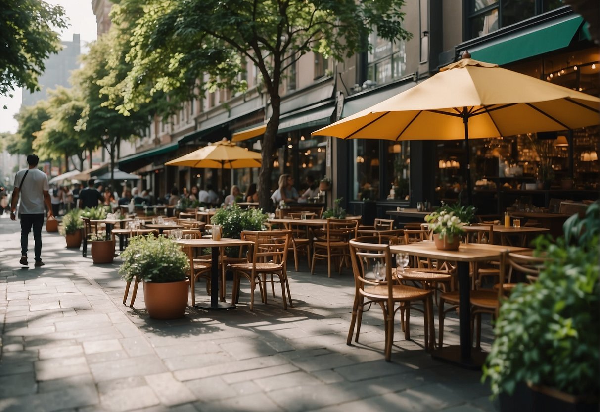 A bustling street lined with colorful restaurants and cafes, with inviting outdoor seating and vibrant signage, surrounded by lush greenery and bustling with activity