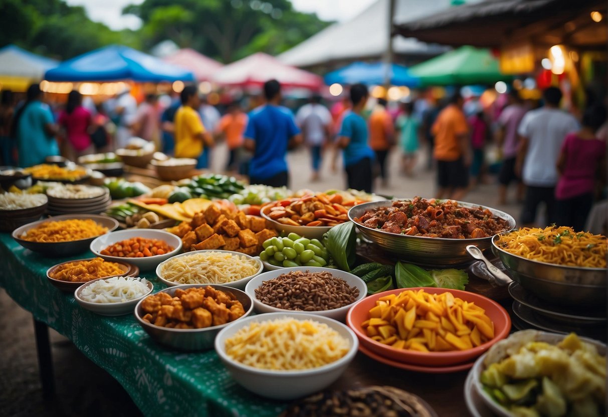 A table set with various local dishes, surrounded by a bustling market in Dipolog. Vendors and customers haggle and chat amidst the colorful array of food