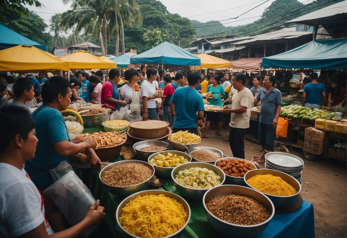 A bustling food market in Dipolog, with colorful stalls and delicious aromas filling the air. People gather around to sample local delicacies and street food