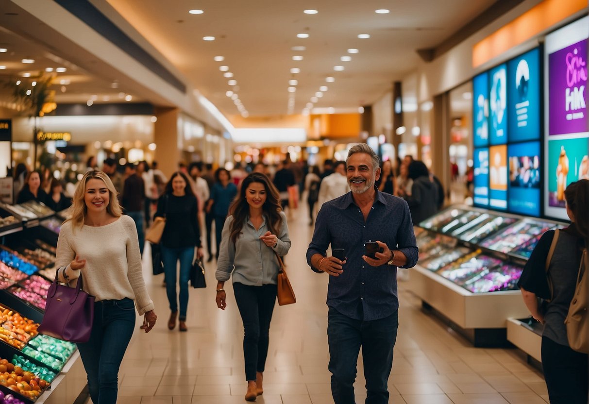 Shoppers browse through colorful displays in Eastwood Mall, chatting with friendly salespeople and enjoying the lively atmosphere