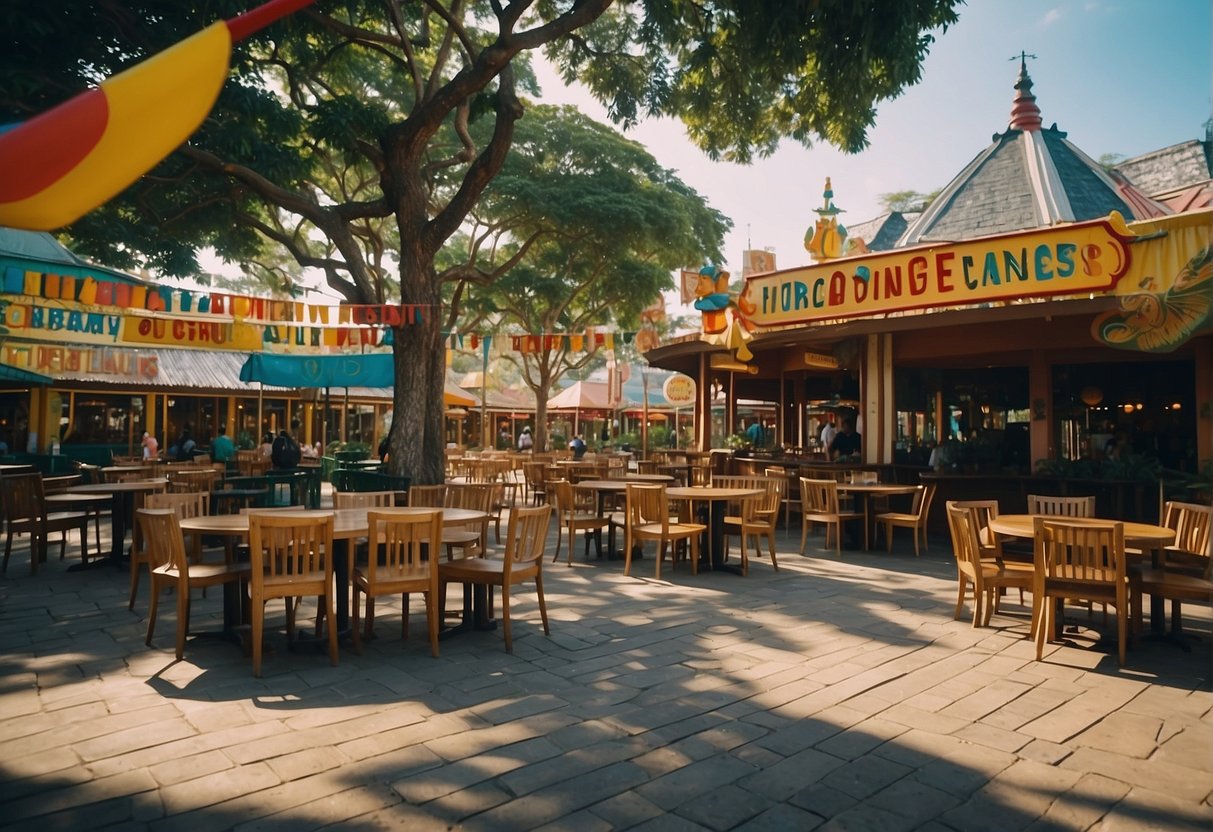 Various dining options inside Enchanted Kingdom: outdoor cafes, food stalls, and themed restaurants. Colorful signs and happy diners create a vibrant atmosphere