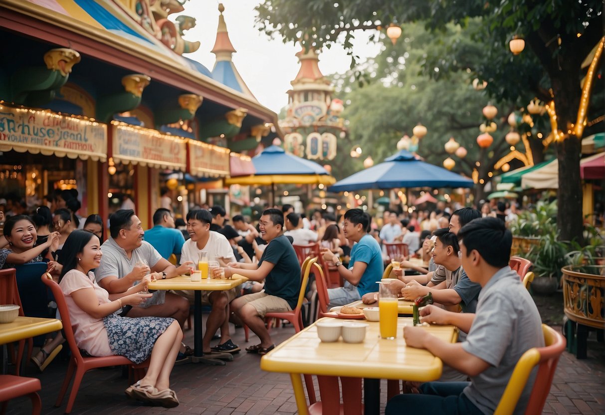 Visitors sit at outdoor tables, enjoying a variety of food options in the vibrant and enchanting atmosphere of Enchanted Kingdom
