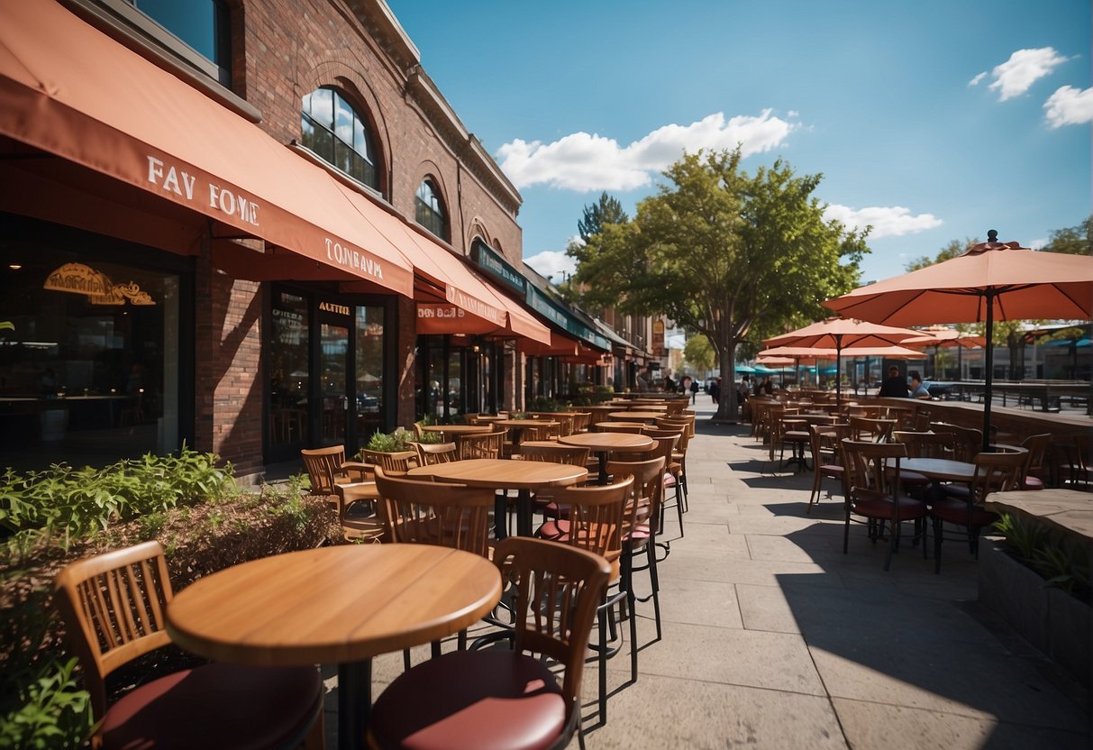 Various eateries line the street outside the park, offering a range of cuisines from local favorites to international flavors. Outdoor seating and colorful signage create a vibrant dining atmosphere