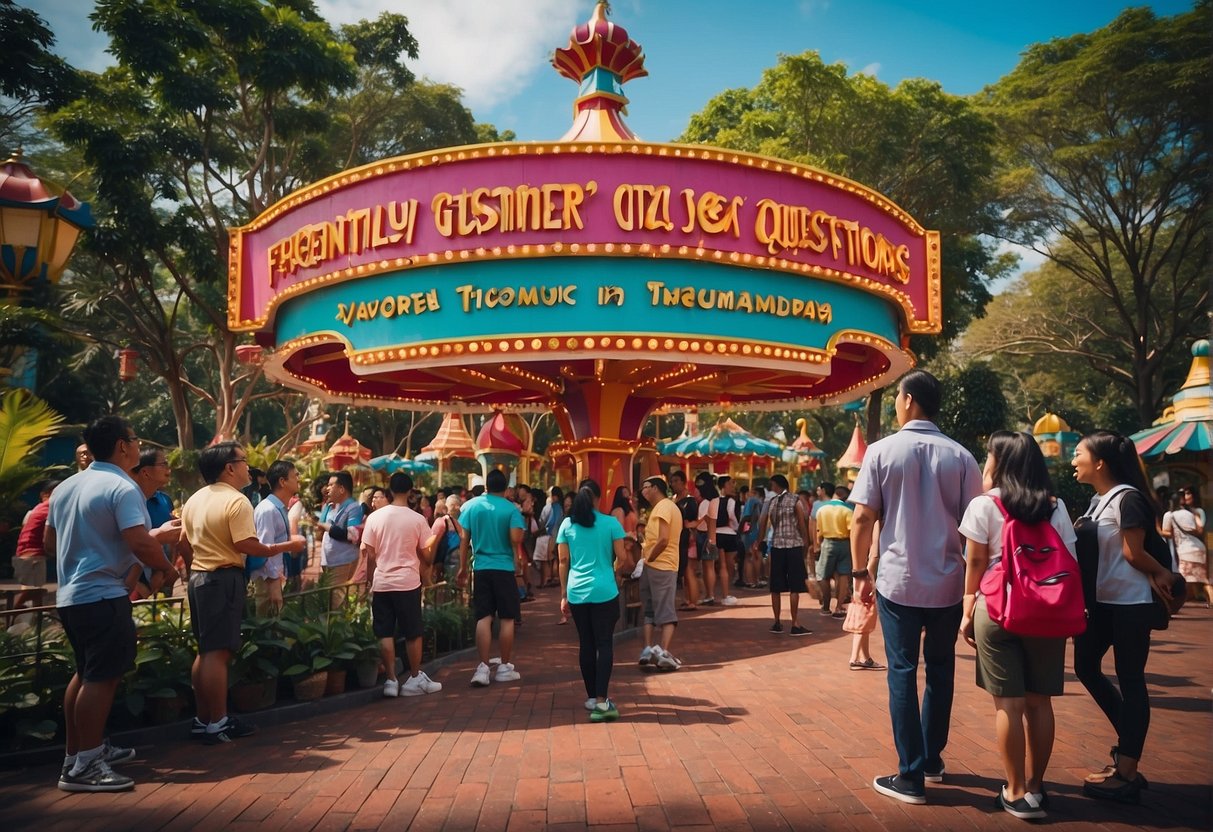 Visitors gather around a colorful sign labeled "Frequently Asked Questions: Where to Eat in Enchanted Kingdom." The vibrant atmosphere of the theme park surrounds them