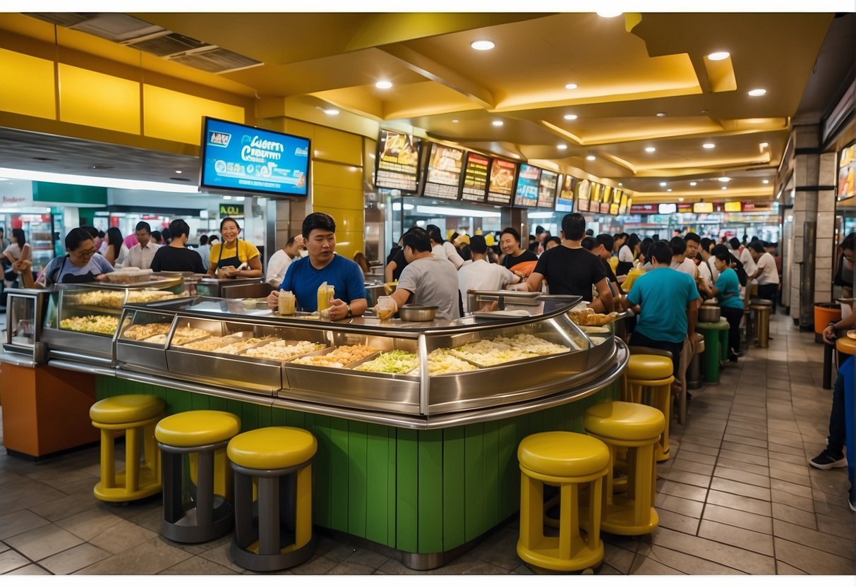 A bustling food court in Gateway Cubao, with various stalls offering a wide array of cuisines and diners enjoying their meals at colorful tables