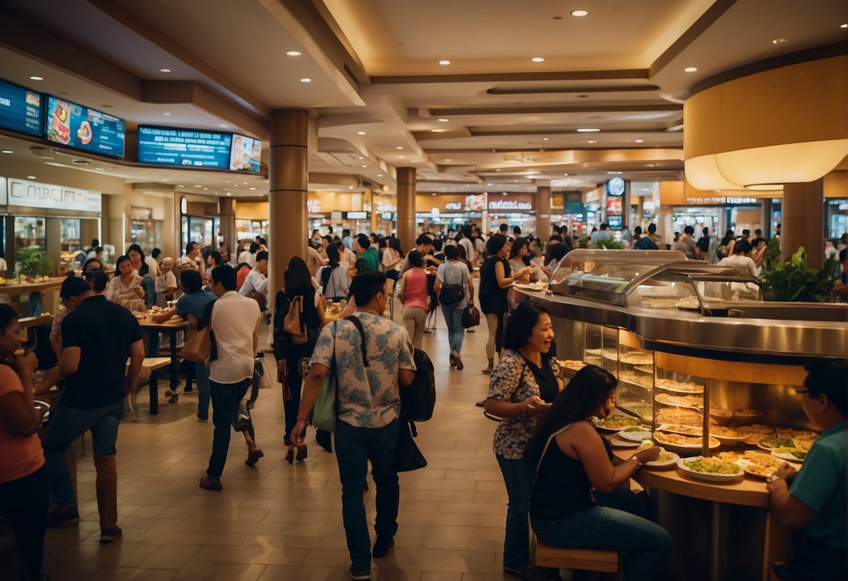 People enjoying diverse cuisines at Gateway Mall's bustling dining scene. A variety of food stalls and restaurants fill the space, with vibrant colors and delicious aromas filling the air