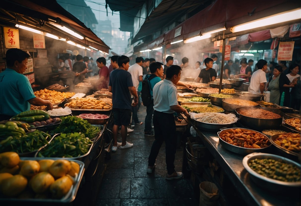 A bustling food market in Cubao, filled with colorful stalls and the aroma of sizzling meats. Vendors display an array of authentic dishes, while customers eagerly sample the diverse flavors