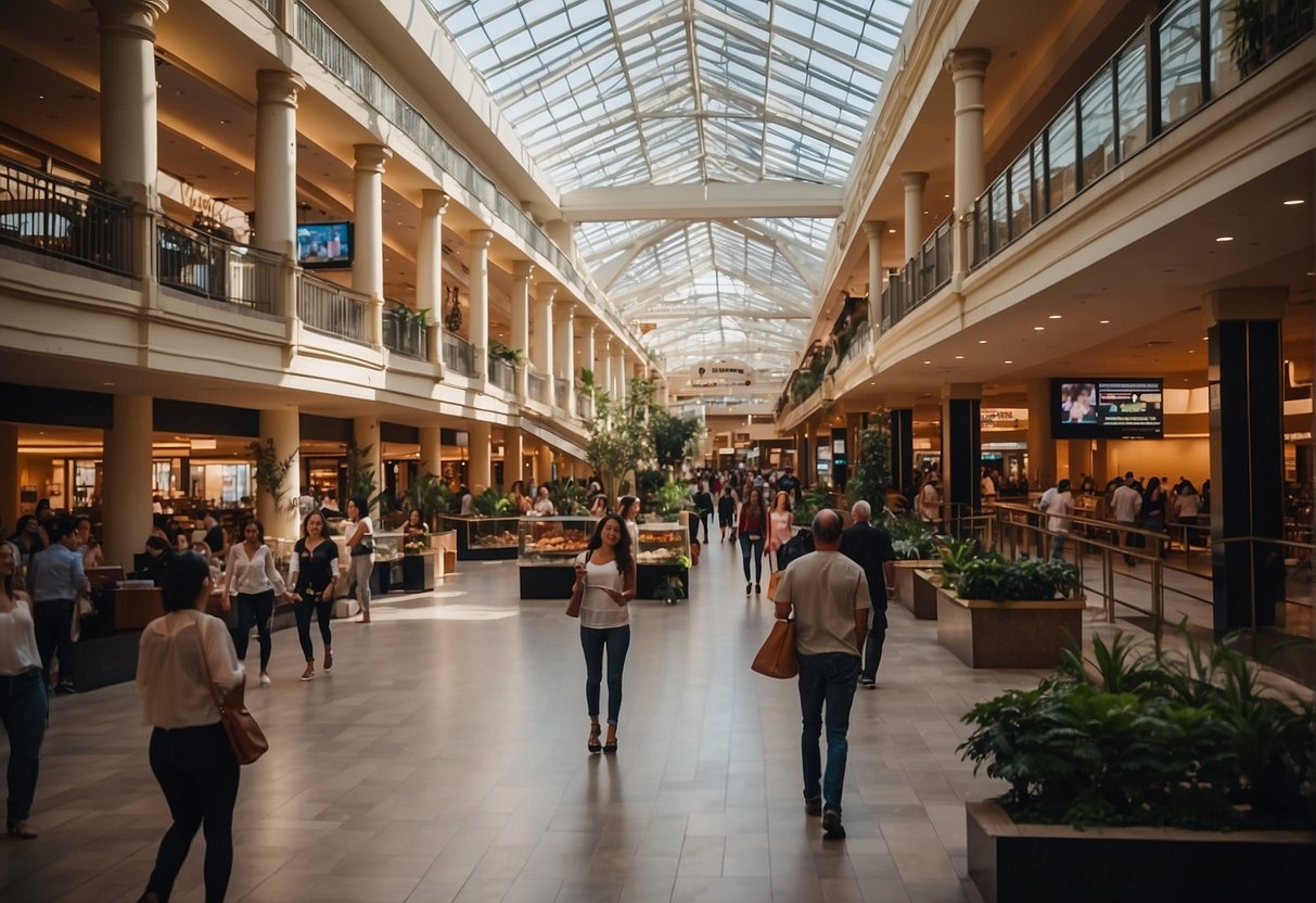 People shopping, dining, and enjoying entertainment at Eastwood Mall. Stores, restaurants, and a bustling atmosphere