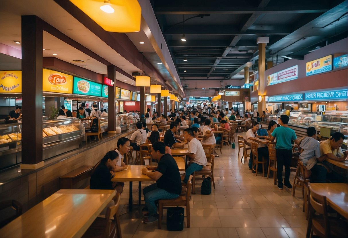A bustling food court in Gateway Mall, Cubao, with colorful signage and diverse food stalls offering budget-friendly eats in Quezon City