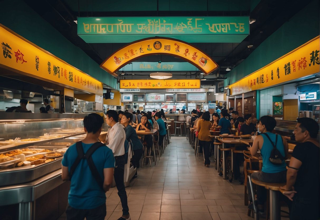 A bustling food court in Gateway Cubao, with colorful signage and diverse cuisine options, attracts a crowd of hungry patrons seeking a meal