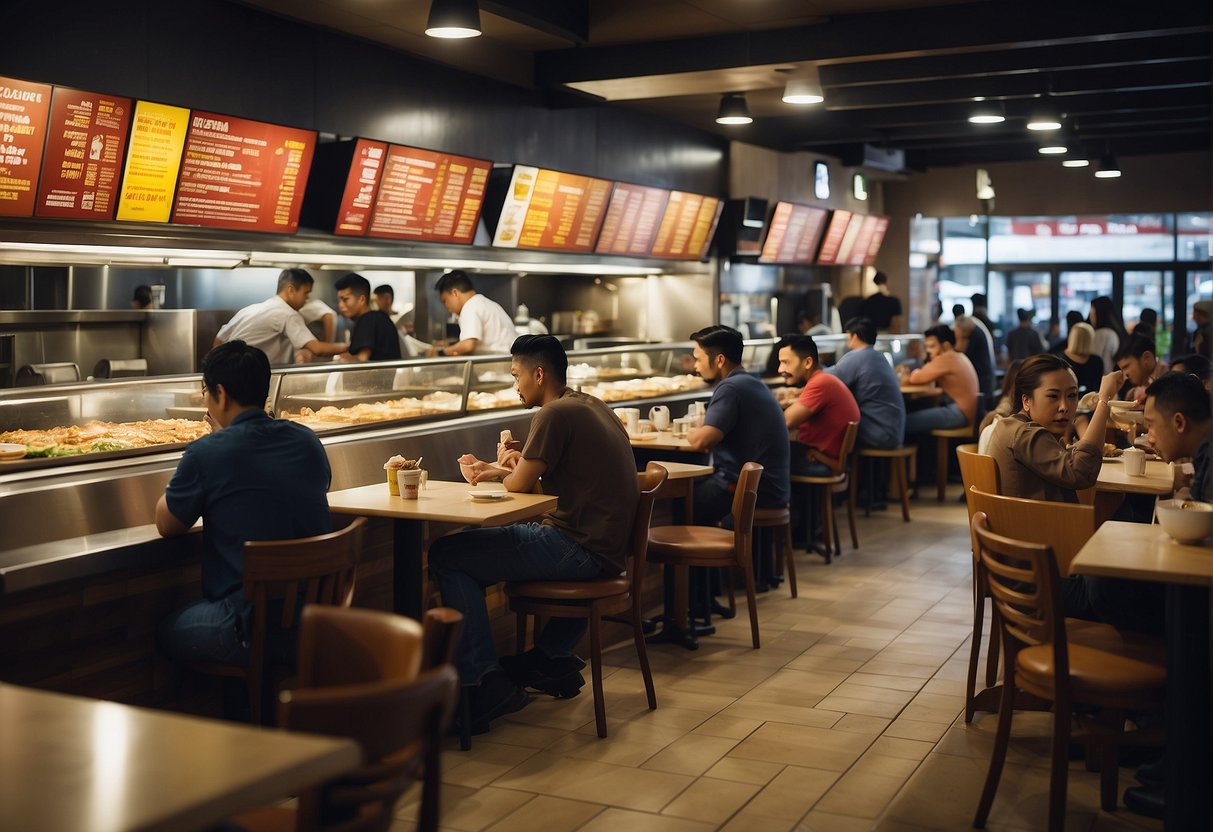 A bustling food court filled with a variety of cuisines, colorful signage, and the aroma of sizzling dishes. Patrons enjoy their meals at sleek, modern tables while others wait in line at popular eateries