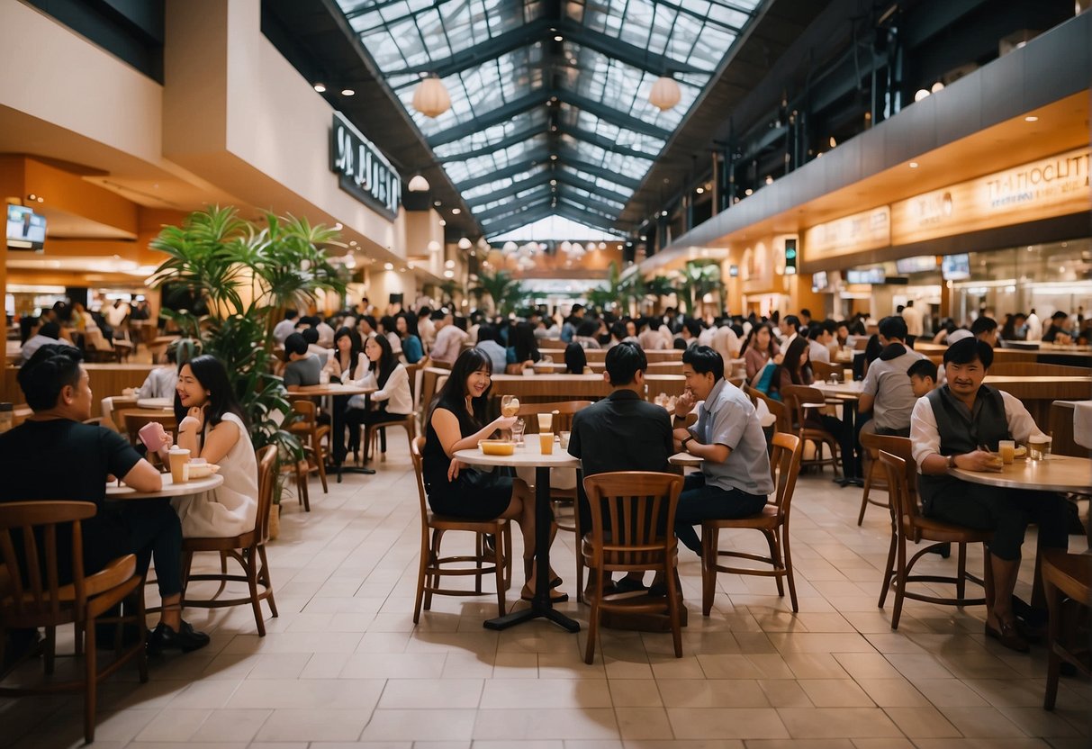 A bustling food court in Robinsons Galleria, filled with various cuisines and people enjoying their meals. Brightly lit stalls and seating areas create a lively atmosphere