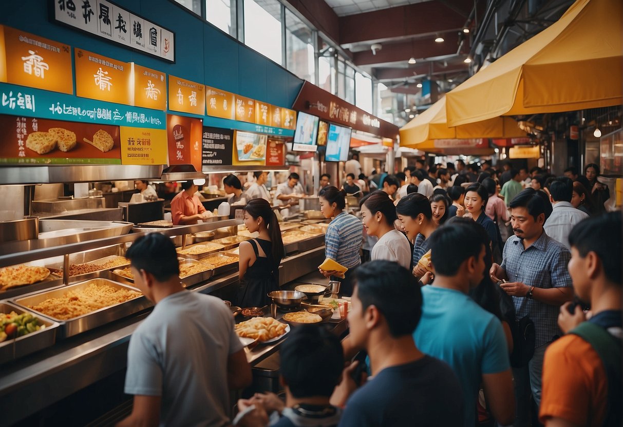 A bustling food court with colorful stalls and diverse cuisines, surrounded by eager diners and the inviting aroma of sizzling dishes