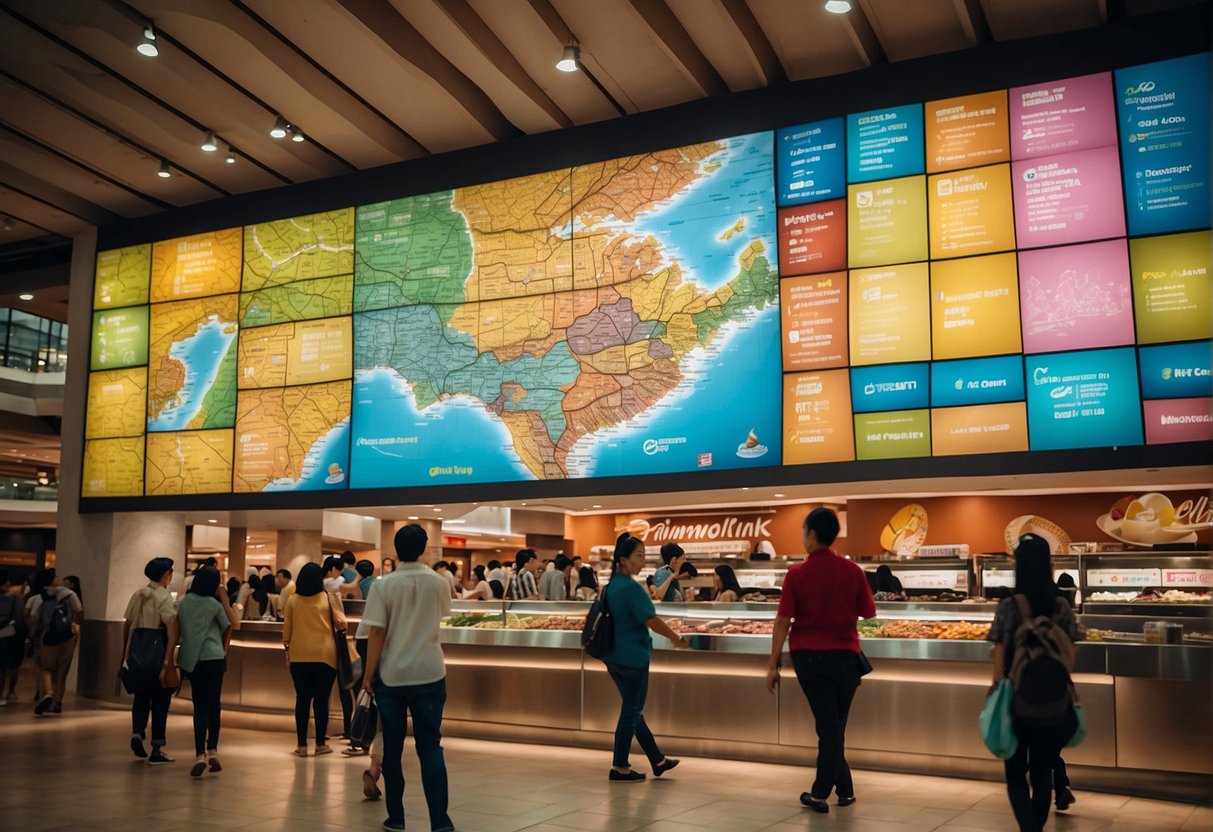 Visitors gather around a colorful map of Robinsons Galleria, pointing to various dining options. Bright signs and enticing aromas fill the bustling food court