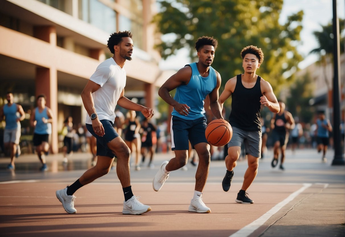 People playing basketball, jogging, and walking dogs at Eastwood Mall outdoor sports area