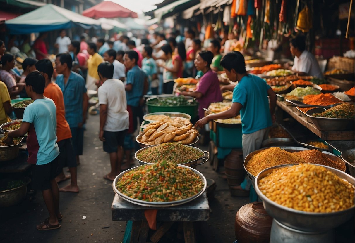 A bustling outdoor market with colorful stalls selling iconic Zamboanga dishes like Curacha and Satti. Vendors and customers mingle in the lively atmosphere
