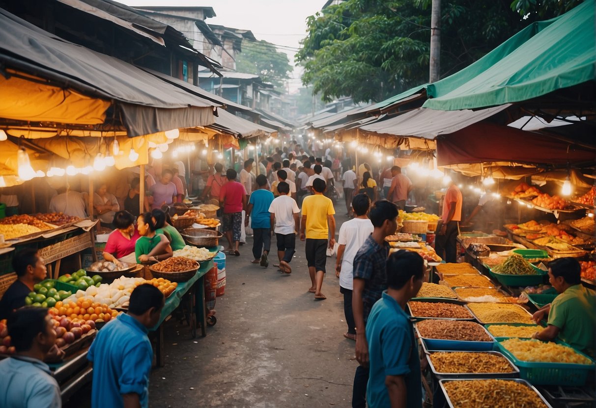 A bustling outdoor food market in Zamboanga City, with colorful stalls and delicious aromas wafting through the air