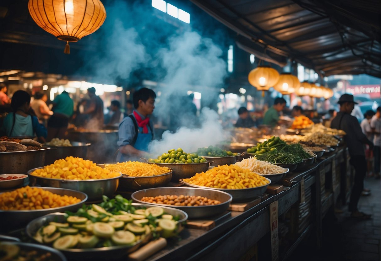 A bustling marketplace with vendors selling a mix of Filipino and Malaysian cuisine. Colorful banners and aromatic smoke fill the air