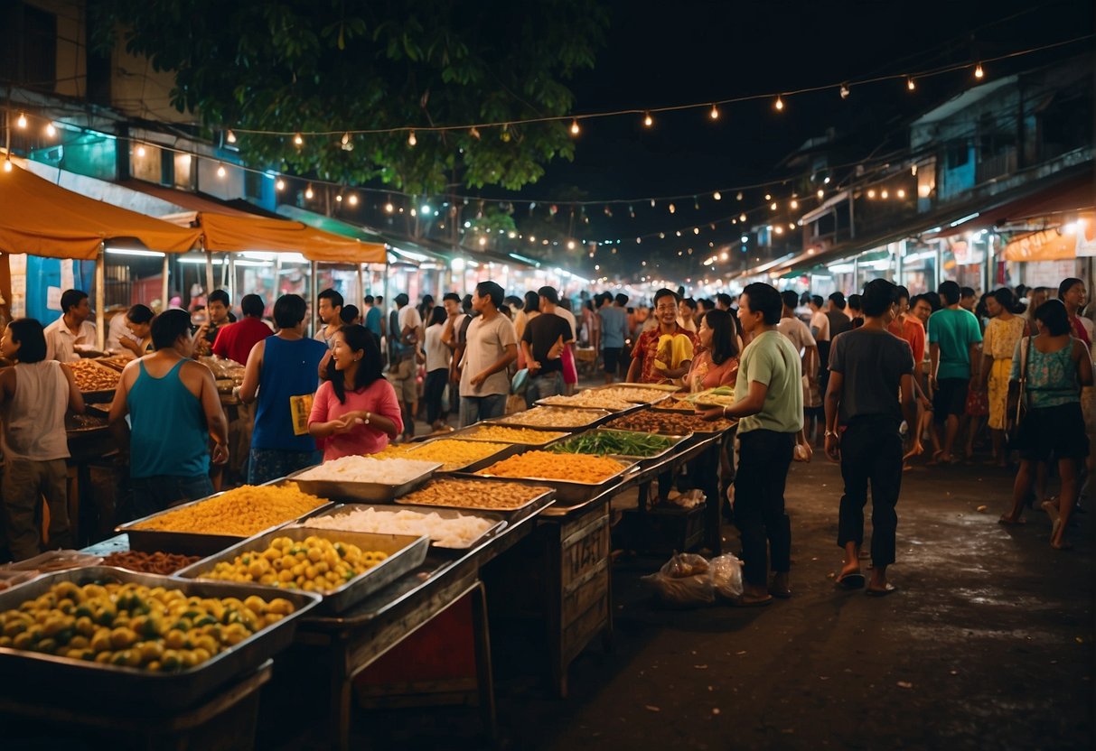A bustling night market filled with colorful food stalls and lively music, surrounded by historic buildings and twinkling lights in Zamboanga City