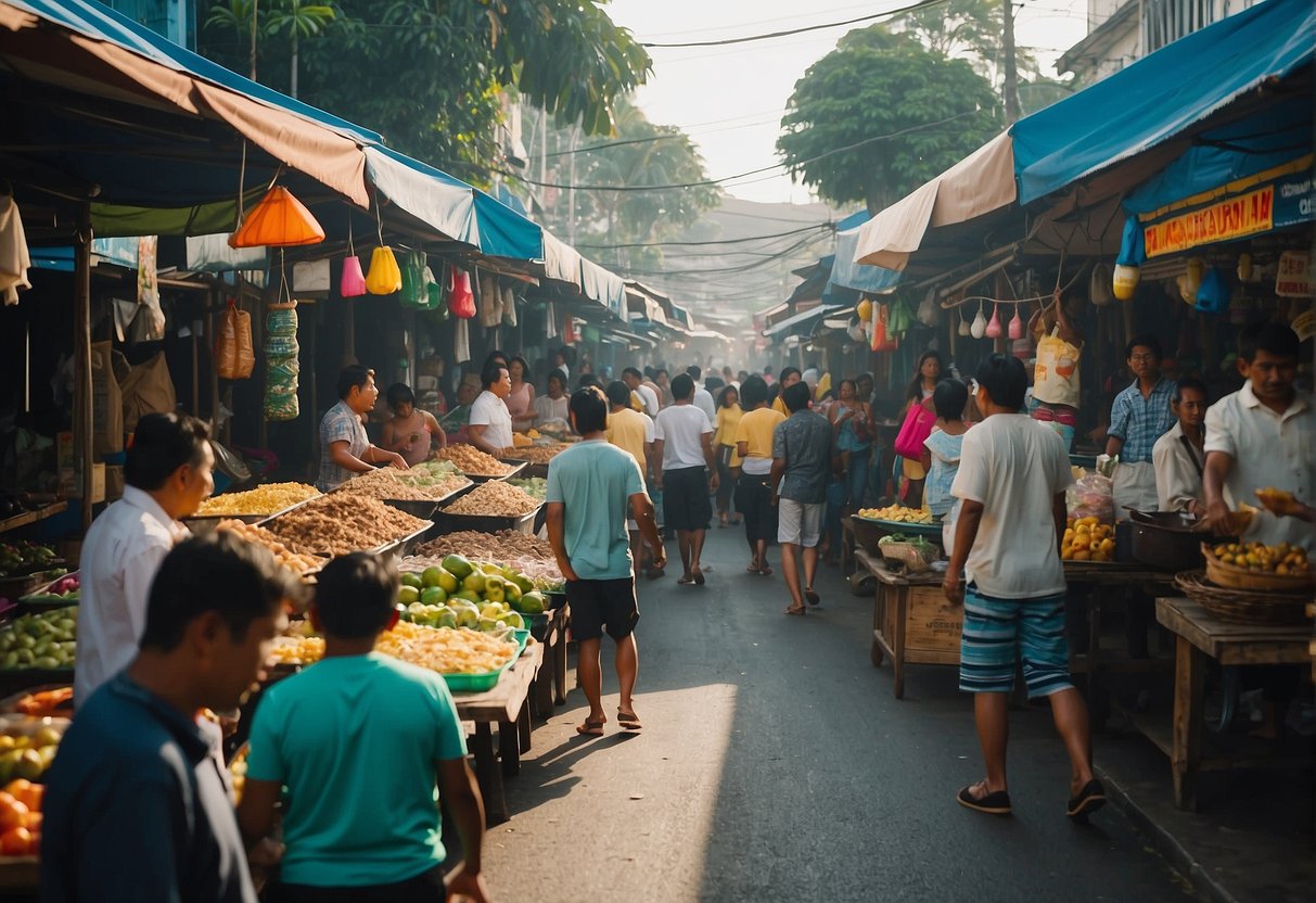 A bustling street lined with colorful food stalls and restaurants, with locals and tourists enjoying a variety of traditional and international cuisine in Zamboanga City