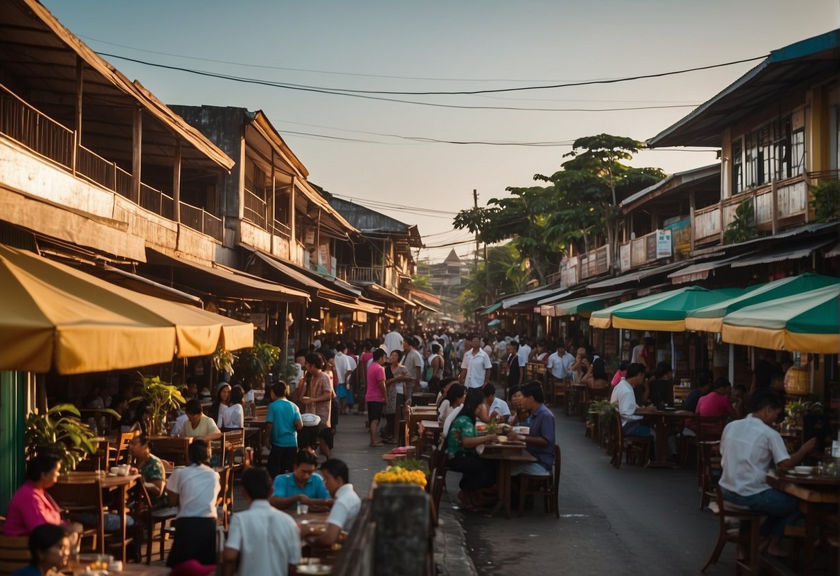A bustling street lined with diverse restaurants in Zamboanga City, showcasing a variety of cuisines and vibrant outdoor dining areas