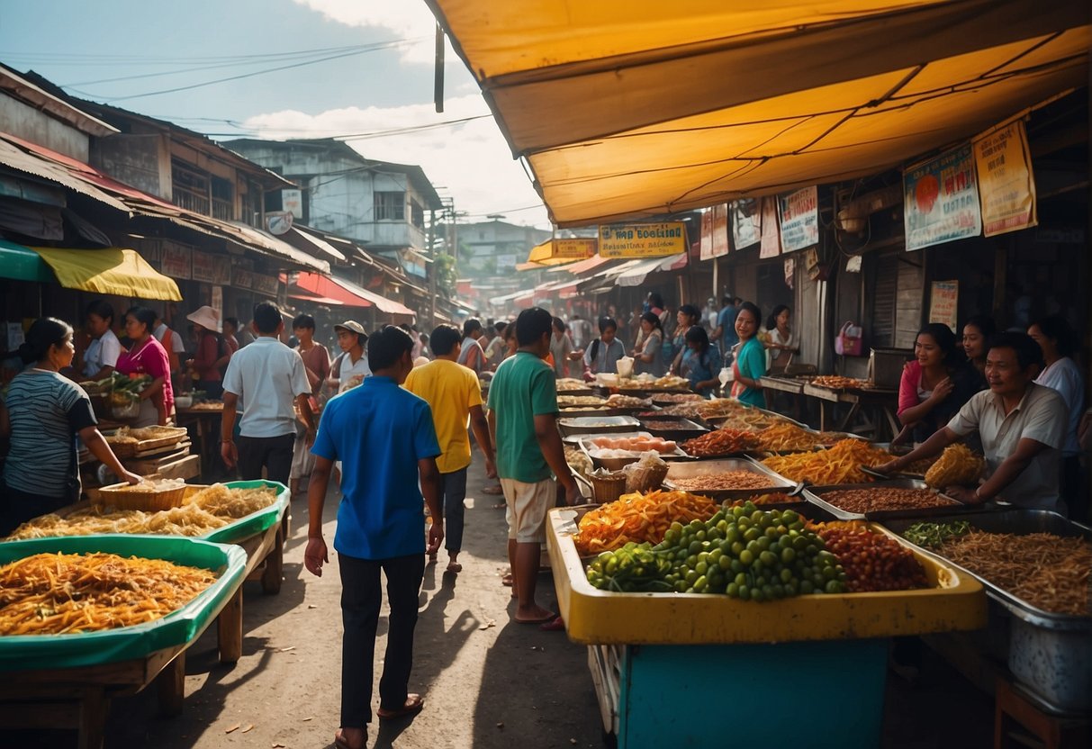 A bustling street in Zamboanga City with colorful food stalls and eager customers. Signs advertising local delicacies and a lively atmosphere