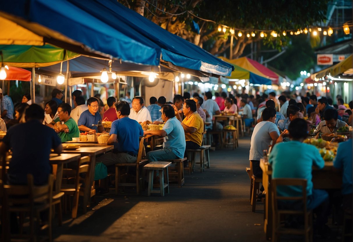 A bustling street lined with colorful food stalls, offering a variety of local delicacies and international cuisine. Tables filled with diners enjoying their meals, surrounded by the lively sounds and aromas of Zamboanga City