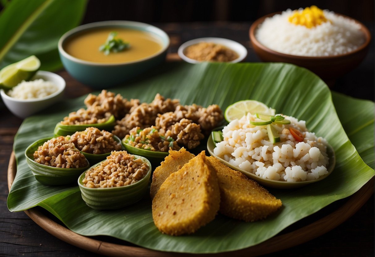 A spread of Bicolano cuisine, including pinangat, laing, and Bicol express, displayed on banana leaves in a rustic Naga restaurant