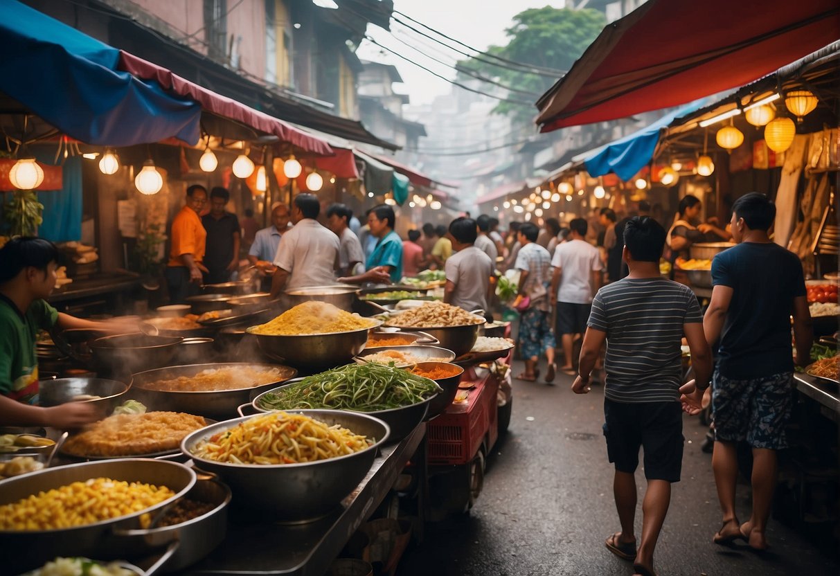 A bustling street lined with colorful food stalls and bustling eateries, with locals and tourists enjoying a variety of traditional Bicolano dishes