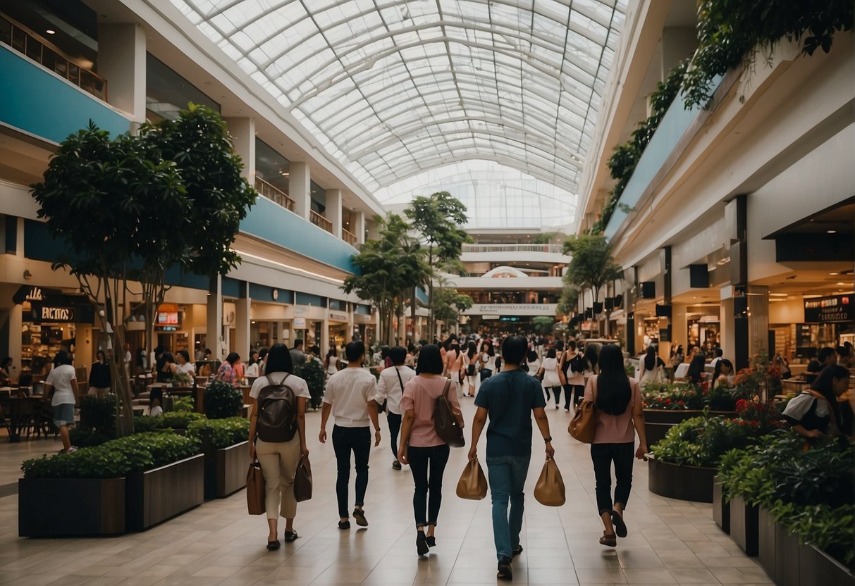 People stroll through Robinsons Magnolia, browsing shops and dining at restaurants. The mall is bustling with activity, and colorful displays catch the eye